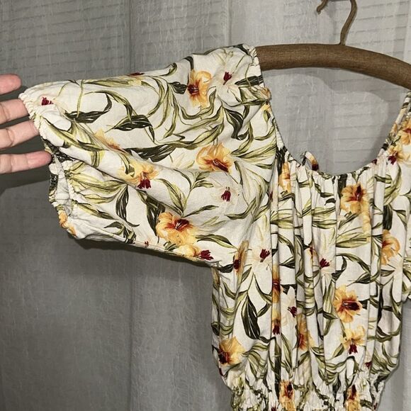 Kensie Jeans L Beige Gold Green Lily Linen On Off Shoulder Square Neck Top - Picture 6 of 10